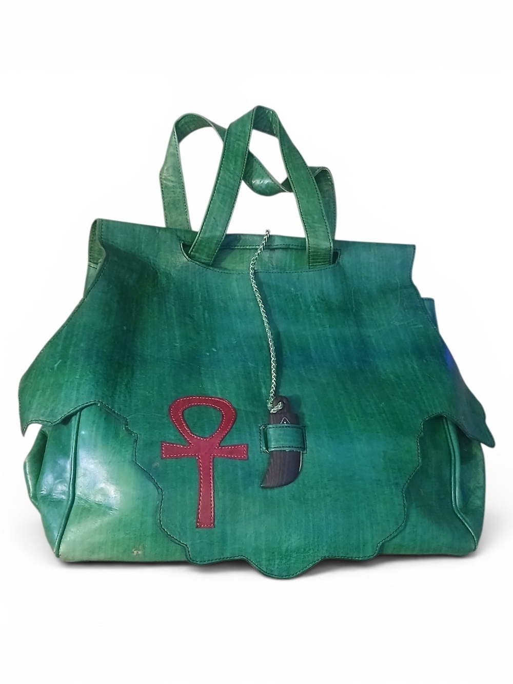 VintageGreen Leather Tote Bag with Red Ankh Accent